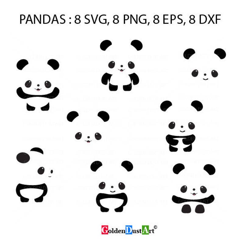 May include: Eight black and white panda bear illustrations in a simple, cartoon style. The pandas are all facing forward with their arms either at their sides or crossed in front of them.