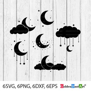 Maan en sterren SVG, maan sterren silhouet, maan en ster clipart bundel, nachtelijke hemel svg-bestand knippen, svg, png, dxf, eps