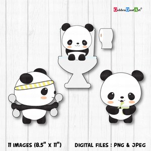 May include: Three digital images of a panda bear in different poses. The first image shows a panda sitting on a toilet. The second image shows a panda wearing a headband and holding dumbbells. The third image shows a panda holding a piece of bamboo.