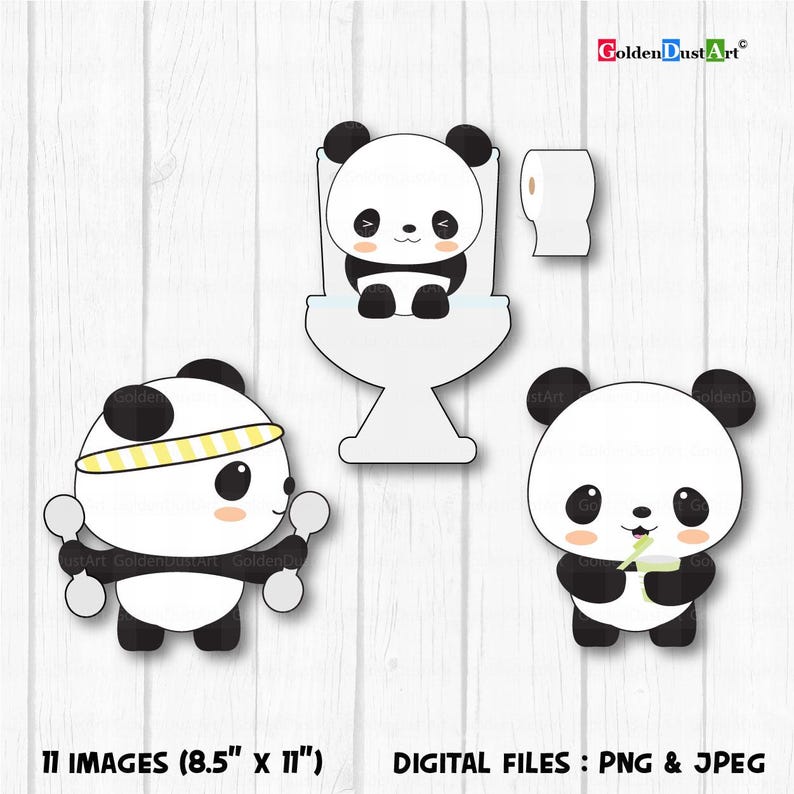 May include: Three digital images of a panda bear in different poses. The first image shows a panda sitting on a toilet. The second image shows a panda wearing a headband and holding dumbbells. The third image shows a panda holding a piece of bamboo.