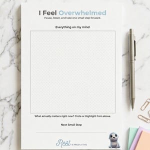 May include: A white planner page with the text "I Feel Overwhelmed." The page includes prompts: "Everything on my mind," "What actually matters right now?" and "Next Small Step." A silver pen and a small seal illustration are also visible.