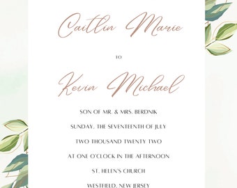 Green & Gold Leaf Wedding Invitation Digital Download