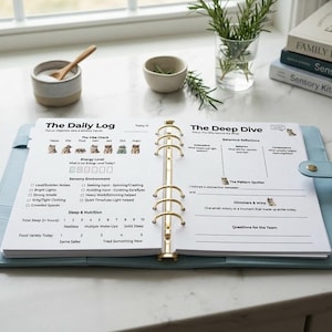 Op de afbeelding: Een lichtblauwe planner met gouden ringen, opengeklapt op pagina's met dagelijkse logboeken en diepe duik. De pagina's hebben gedrukte tekst en illustraties. Een pen ligt aan de zijkant. Boeken en kleine kommen staan op de achtergrond.