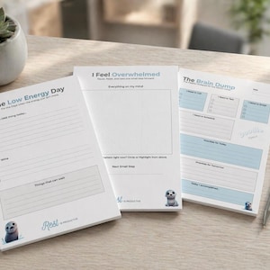 May include: Three white notepads with blue and gray accents, featuring the text "The Low Energy Day", "I Feel Overwhelmed", and "The Brain Dump". A silver pen rests beside the notepads. A small succulent plant in a gray pot is in the background.