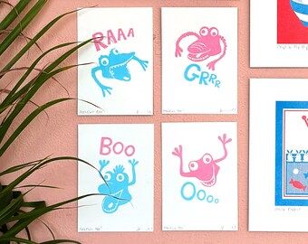 Collection of 4 Monster Finger puppet Risoprints / Signed A6 Riso Prints / 2 Colours / Risograph / Kitsch Toy Wall Art / Pop Art / Retro Art