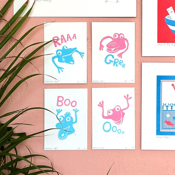Collection of 4 Monster Finger puppet Risoprints / Signed A6 Riso Prints / 2 Colours / Risograph / Kitsch Toy Wall Art / Pop Art / Retro Art