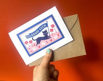 Lucky Cat Riso Print Card: Vintage Retro Greetings