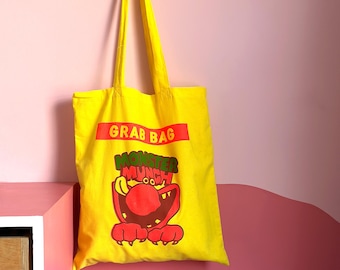 Monster Munch Screenprinted Tote Bag and/or Whoopie Cusion Tote Retro Snack, Cotton Shopper (Seconds Sale)