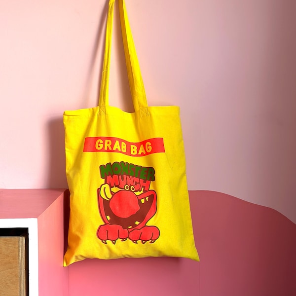 Monster Munch Screenprinted Tote Bag and/or Whoopie Cusion Tote Retro Snack, Cotton Shopper (Seconds Sale)