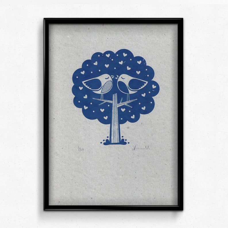 Love Birds Tree Screen print / Signed Limited Edition A4 Hand-pulled / Wedding / Anniversary / Valentines / British Printmaker image 4