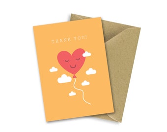 Thank You Heart Balloon / Thank You Card / Girl / Boy / Friend / Boyfriend / Girlfriend / Blank Inside / Red Yellow / Kawaii Face / Thanks