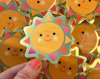 Sun Gold Foil Sticker: Kawaii Sunshine Vinyl Decal