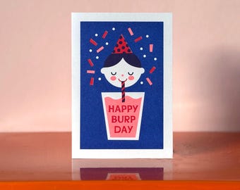 Happy Burp Day Birthday Card: Kitsch Retro Riso Print