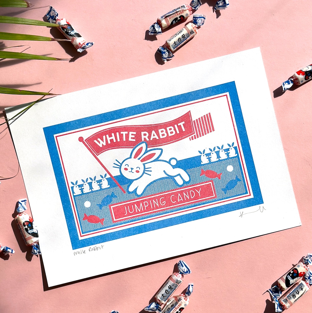 White Rabbit Sweet Drawing White Rabbit Candy Risograph Print: Kitsch Pop Art, Signed A4 - Etsy