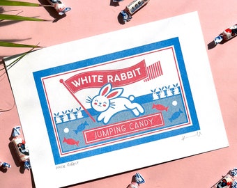 White Rabbit, Jumping Candy Risoprint / Signed A4 Riso Print / 2 Colours / Risograph / Kitsch Art / Pop Art / Candy Wrapper / Packaging Art