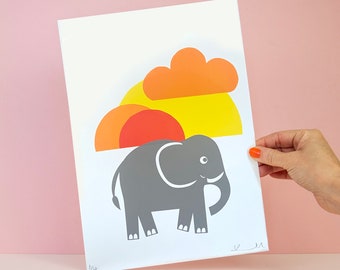 Elephant Screen print / Signed Limited Edition A4 Hand-pulled /  Tiger illustration / 4 colour screen print / Printmaker / Sunset Wall Art