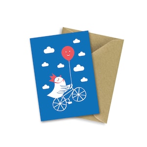 Uccello con palloncino su bicicletta e nuvole / Biglietto di auguri di compleanno per ragazza / ragazzo / amico / fidanzato / fidanzata / bambino / neonato / Vuoto all'interno