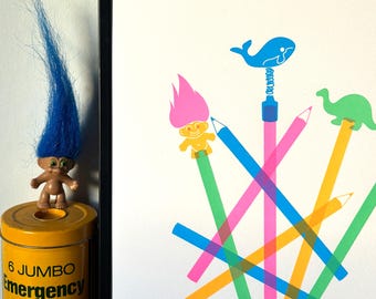 Retro Pencil Toppers Screen Print: Kitsch Art, Signed Limited Edition A4, Fabriano 5