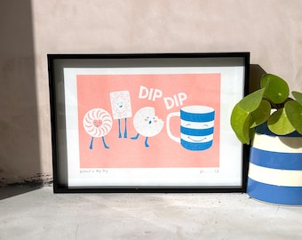 Biscuit and Dip Dip Risoprint / Signed A4 Riso Print / 2 Colours / Risograph / Cookie Dunking Wall Art / Pop Art / Vintage / Cornishware