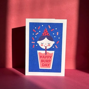 Carte imprimée Riso Happy Burp Day / Art rétro kitsch / Risoprint / Risographie / Carte vierge / Enveloppe Kraft / Carte de voeux / Enfants