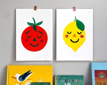 Tomato face or Lemon face Screen print / Signed Limited Edition A4 Hand-pulled /  Fruit illustrations / Printmaker / Illustrator