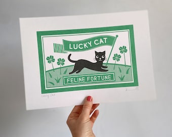 Lucky Cat Riso Print / Risograph / Feline Fortune Art / A4 Retro Wall Art / Pop Art / Halftone / Kitsch Art / 100% recycled 300gsm