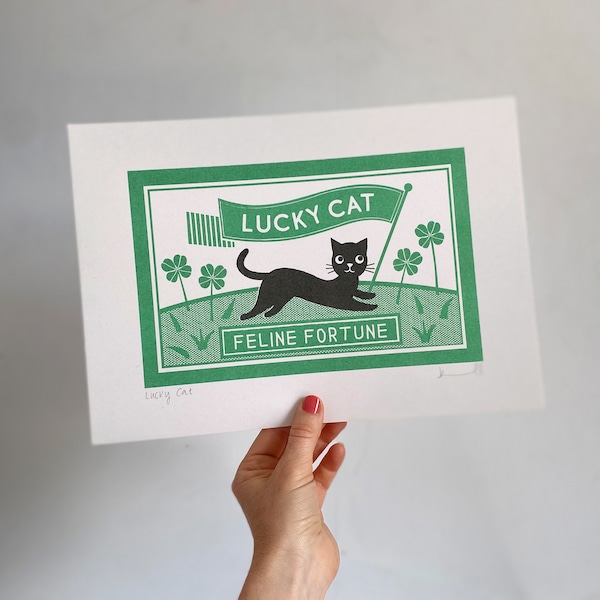 Lucky Cat Risograph Print: Retro Pop Art, A4 Recycled Paper
