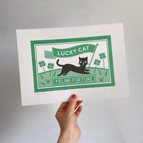 Lucky Cat Riso Print / Risograph / Feline Fortune Art / A4 Retro Wall Art / Pop Art / Halftone / Kitsch Art / 100% recycled 300gsm