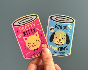 Pet Food Tin Holographic Sticker, Kitty Cat Doggo Design