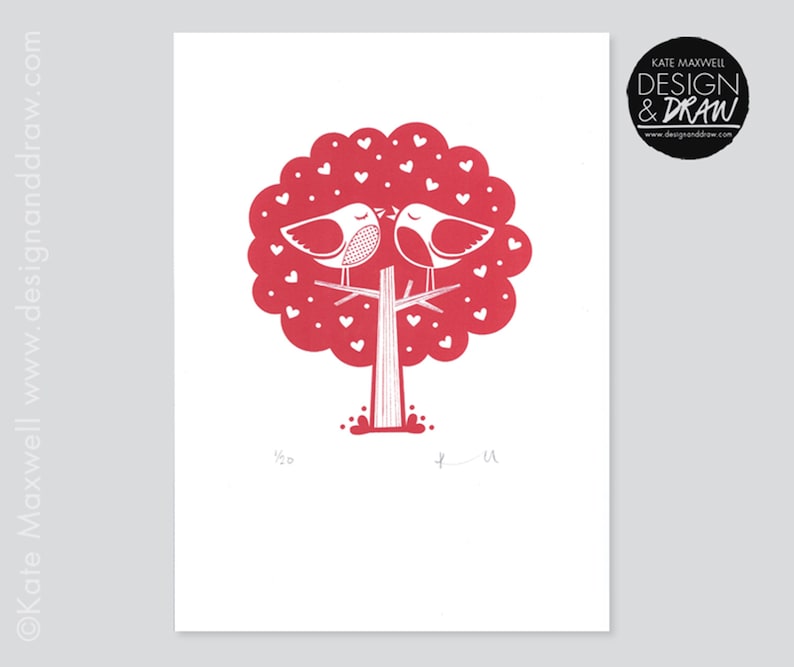 Love Birds Tree Screen print / Signed Limited Edition A4 Hand-pulled / Wedding / Anniversary / Valentines / British Printmaker image 5
