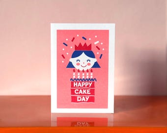 Birthday Girl Cake Day Risograph Card: Retro Art with Kraft Envelope