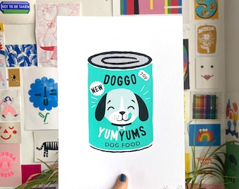 Dog Pet Food Tin Screen print / Signed Limited Edition A4 Hand-pulled /  Dog illustration / 2 colour screen print / Printmaker