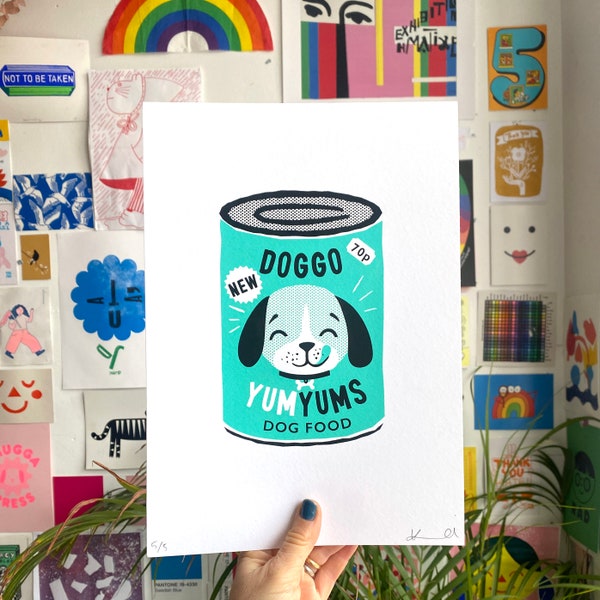 Dog Pet Food Tin Screen print / Signed Limited Edition A4 Hand-pulled /  Dog illustration / 2 colour screen print / Printmaker