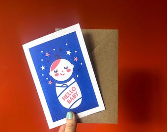 Hello Baby Riso Print Card: Vintage Style Risoprinted Art