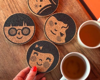 Screenprinted Cork Coasters: Retro Faces / Half tone Pop Art / Pick and Mix