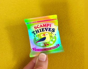 Scampi Thieves Seagull Holographic Sticker: Laptop, Phone, Bottle Scampi Fries Crisps