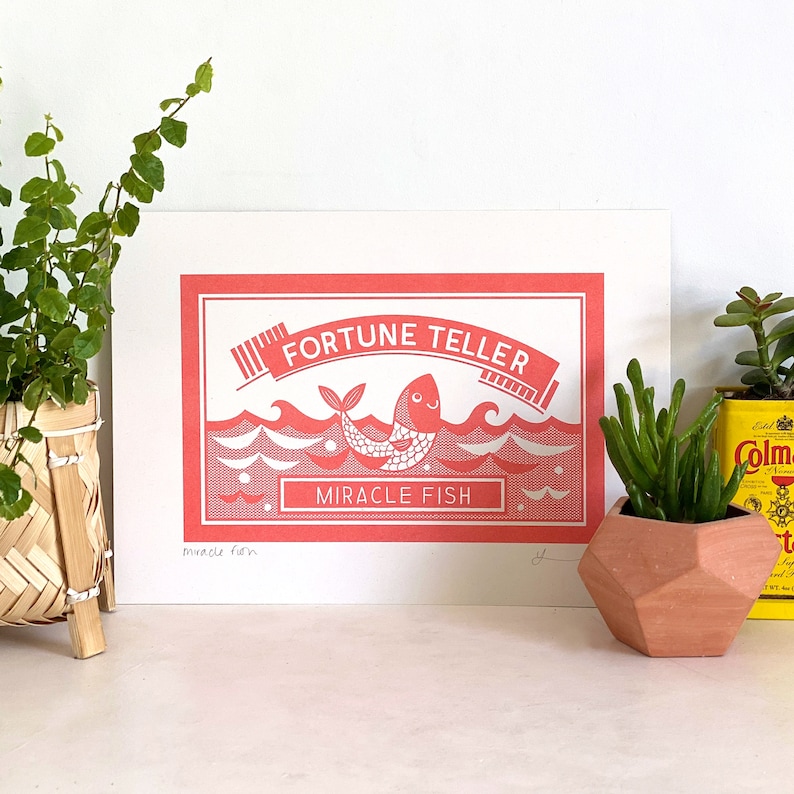 Miracle Fish Riso Print: Retro Fortune Teller Kitsch Art (A4) image 7