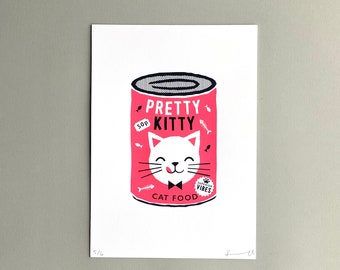 Cat Pet Food Tin Screen print / Signed Limited Edition A4 Hand-pulled /  Cat illustration / 2 colour screen print / Printmaker