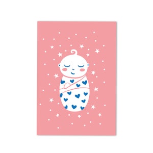 New Baby Card for Girl or Boy / Swaddled Baby / Sleeping New Born Baby / Baby Shower Card / Baby Boy, Baby Girl / Birth Card / New Arrival Pink