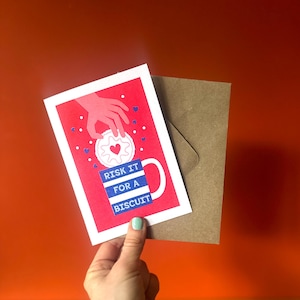Tarjeta impresa "Arriésgate por una galleta" / Arte vintage / Risoprint / Risografía / Tarjeta en blanco / Sobre Kraft / Tarjeta de felicitación retro / Tarjeta en blanco