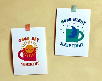 Good Day Sunshine / Good Night Sleep Tight / A6 Art Print from an original artwork / Illustrated Postcard / The Beatles Print Wall Art