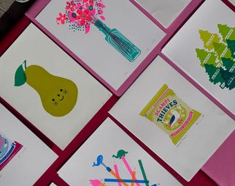 SECONDS /  A4 Screenprints including Claws, Scampi Thieves, London Brick, Trolls, Pencils, Neon Flowers, Trees, Doggo, Cat, Cornishware
