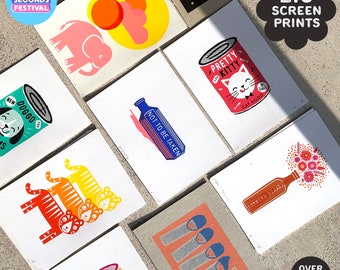 SUPER SECONDS FESTIVAL / A4 Screen prints / Choose from variations below / Vintage Bottle / Dip Dip Egg / Flowers & Coffee / Animals