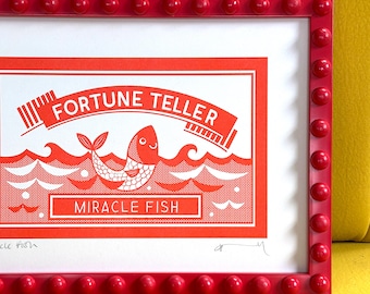 Miracle Fish Riso Print: Retro Fortune Teller Kitsch Art (A4)