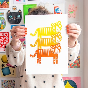 Tijgerzeefdruk: moderne illustratie uit het midden van de eeuw, gesigneerde limited edition A4
