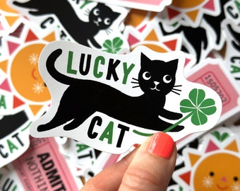 Lucky Black Cat Sticker / Full colour custom shaped vinyl sticker / Four Leaf Clover / Stick on laptop, phone, water bottle, pencil case etc