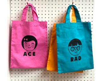 Hand Screen Printed Mini Tote Bags / Ace / Fly / Rad / Retro Style / Children's Party Bag / Pink / Orange / Turquoise / Kids Small Tote Bag