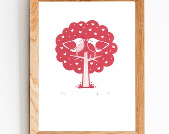 Love Birds Tree Screen print / Signed Limited Edition A4 Hand-pulled /  Wedding / Anniversary / Valentines / British Printmaker