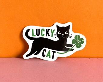 Lucky Black Cat Vinyl Sticker: Four Leaf Clover