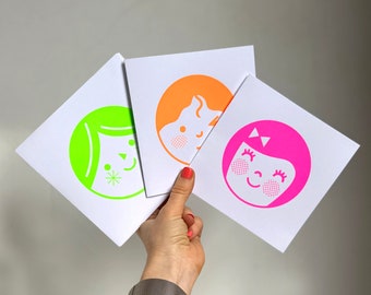 Handprinted Happy Faces Greetings Card: Colorful Screenprint